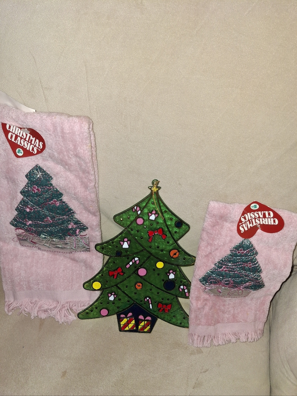 Christmas Tree Pink Holiday Hand Towels - Set of 2 And Christmas tree SunCatcher